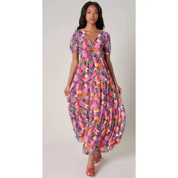 Sugarlips Sweet Soul Monaco Tiered Maxi Multicolor Floral Print Dress-Size S - Picture 1 of 5